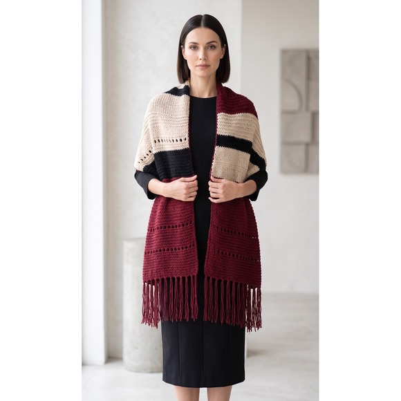 NEW‎ Beige Burgundy Black Hand Knit Shawl Wrap Boho Hippie Indie Artsy Festival